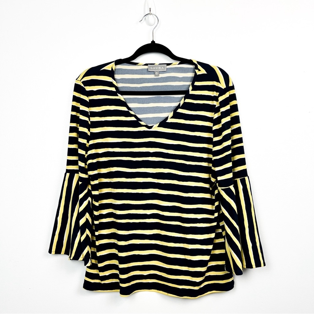 Laura Long Bell Sleeve Striped Top, Yellow, Navy & White